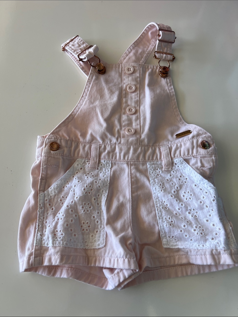 Kids Pink Eyelet Pocket Short Overalls